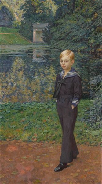 Portrait De Claude Stevens En Marin, Au Jardin Oil Painting by Theo van Rysselberghe