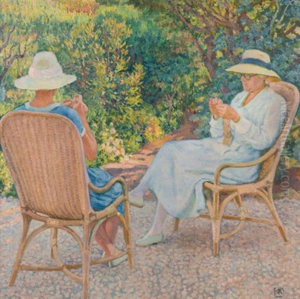 Marie Et Elisabeth Van Rysselberghe Tricotant Au Jardin Du Lavandou Oil Painting by Theo van Rysselberghe