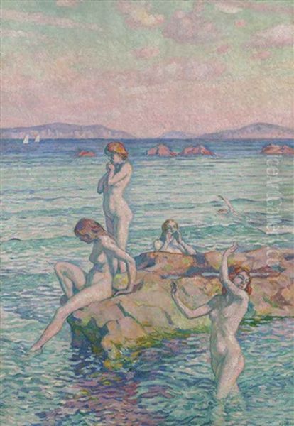 Baigneuses Autour D'un Rocher (baigneuses Sur Les Rochers) Oil Painting by Theo van Rysselberghe