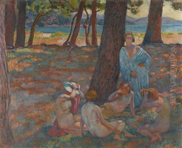 Etude Pour Les Baigneuses Sous Les Pins Oil Painting by Theo van Rysselberghe