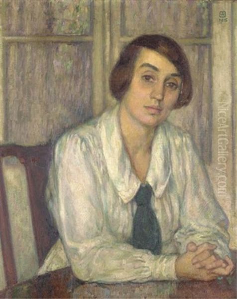 Portrait D'elisabeth Van Rysselberghe Assise, Les Mains Sur La Table Oil Painting by Theo van Rysselberghe