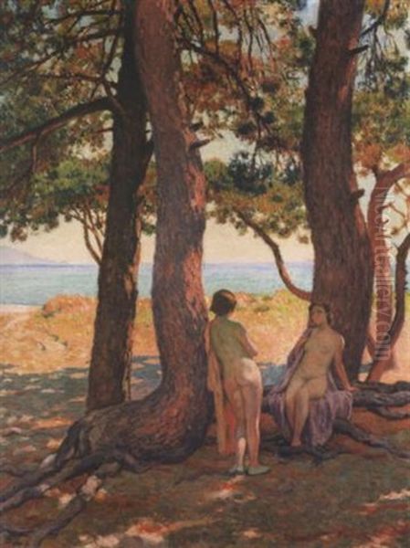 Deux Baigneuses Sous Les Pins Au Bord De La Mer Oil Painting by Theo van Rysselberghe