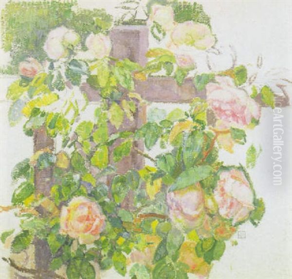 Roses On A Fence Post Oil Painting by Theo van Rysselberghe