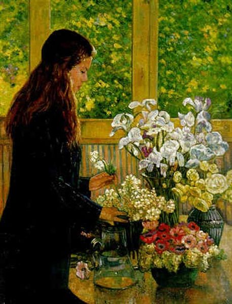 Jeune Fille Avec Vases De Fleurs Oil Painting by Theo van Rysselberghe