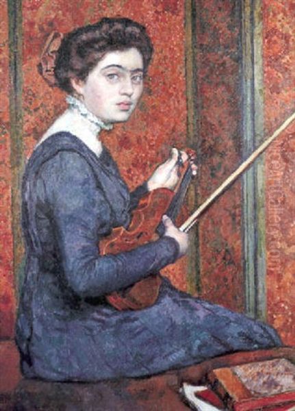 Femme Au Violon, Portrait De Renee Druet Oil Painting by Theo van Rysselberghe