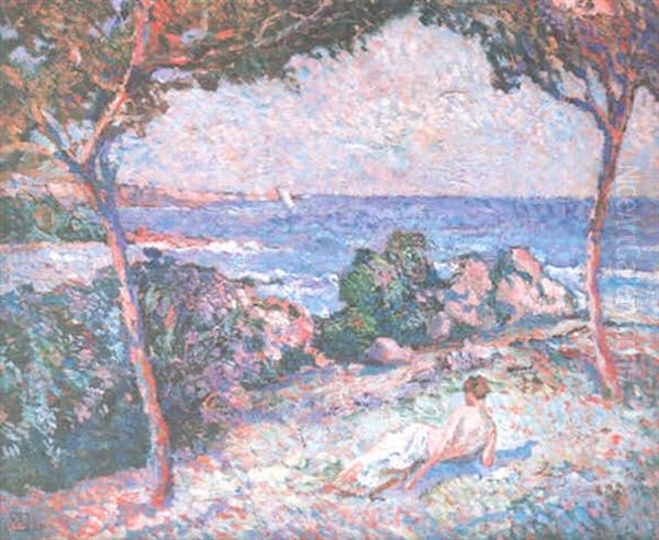 Jeune Femme Couchee Au Bord De La Mer Oil Painting by Theo van Rysselberghe