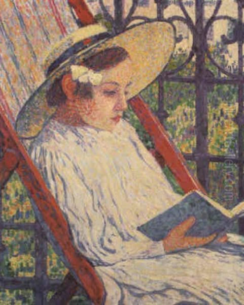 Elizabeth Van Rysselberghe Lisant Sur Le Balcon Oil Painting by Theo van Rysselberghe