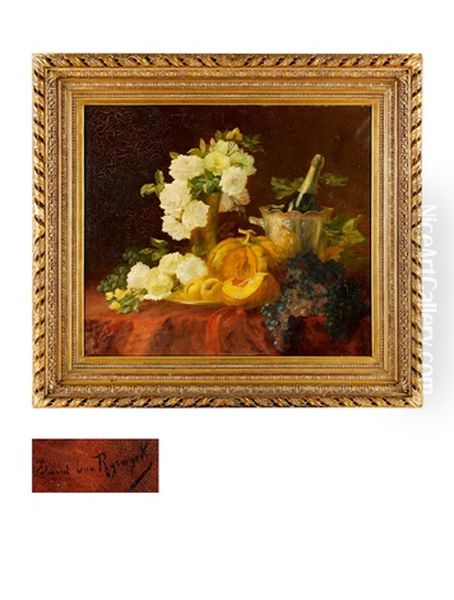 White Rose, Fruit And Champagne Oil Painting by Edward van Ryswyck