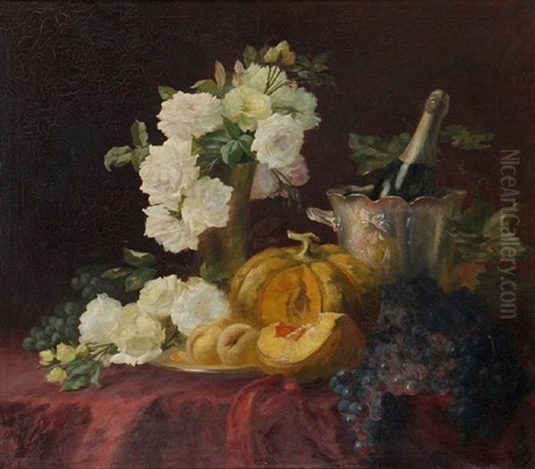 Still Life With White Roses, Pumpkin, Grapes And Champagne Bottle In An Ice Bucket by Edward van Ryswyck