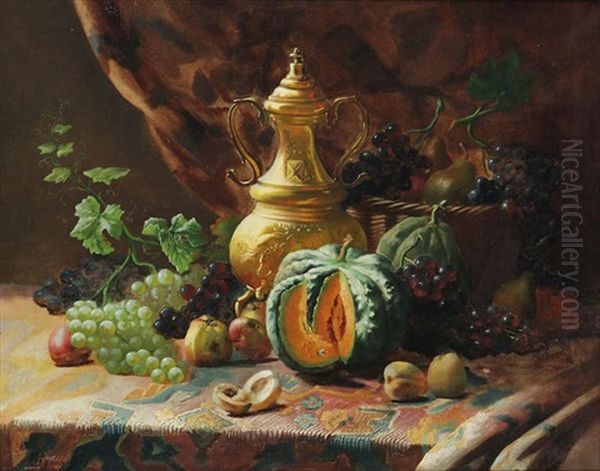 Stilleven Met Kraantjeskan En Fruit Op Tafel Oil Painting by Edward van Ryswyck