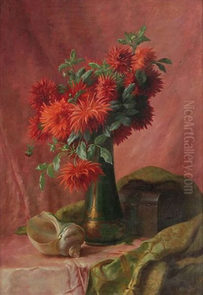 Nature Morte Aux Pivoines Rouges Dans Un Vase, Coquille Nautilus Et Boite A Bijoux Sur Une Table Oil Painting by Edward van Ryswyck