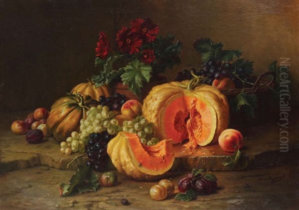 Nature Morte Aux Fruits (potiron, Raisins, Prunes, Melons) Oil Painting by Edward van Ryswyck