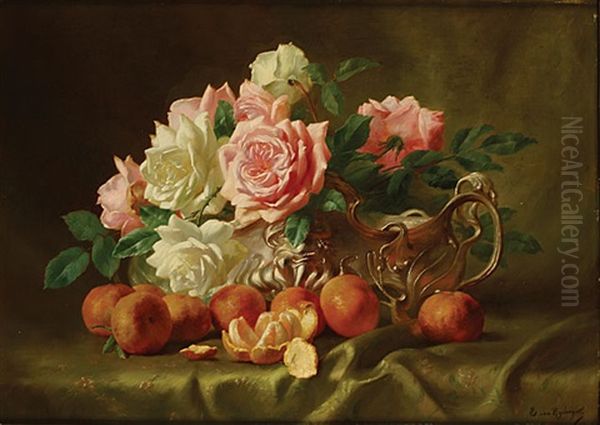 Stilleven Met Rozen En Sinaasappels Oil Painting by Edward van Ryswyck