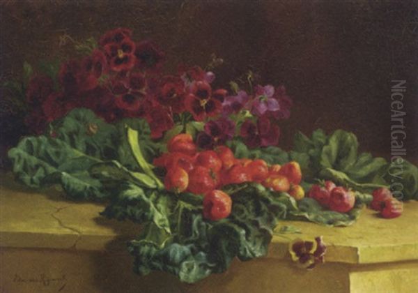 Still Life Of Strawberries, Pansies And Cabbage Leaves On A Marble Ledge Oil Painting by Edward van Ryswyck