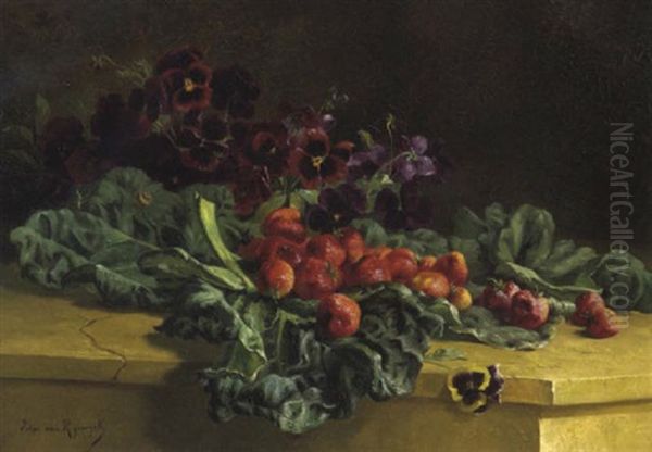 Stilleben Mit Stiefmutterchen Und Erdbeeren Oil Painting by Edward van Ryswyck