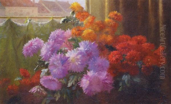 A Still Life Of Chrysanthemums Before A Window Oil Painting by Edward van Ryswyck