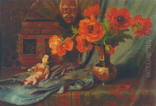 Still Life With Poppies In A Vase And A Japanese Doll Oil Painting by Edward van Ryswyck