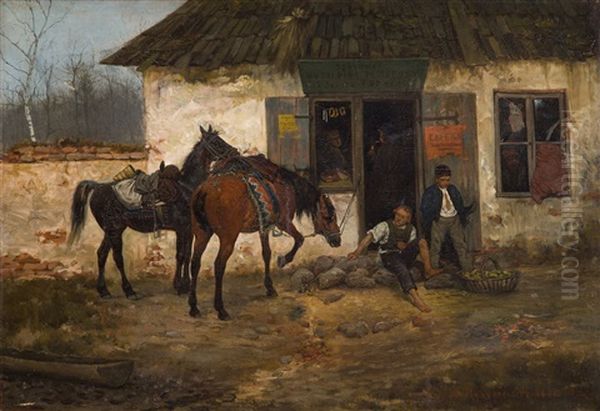 Outside An Inn Oil Painting by Jozef Ryszkiewicz