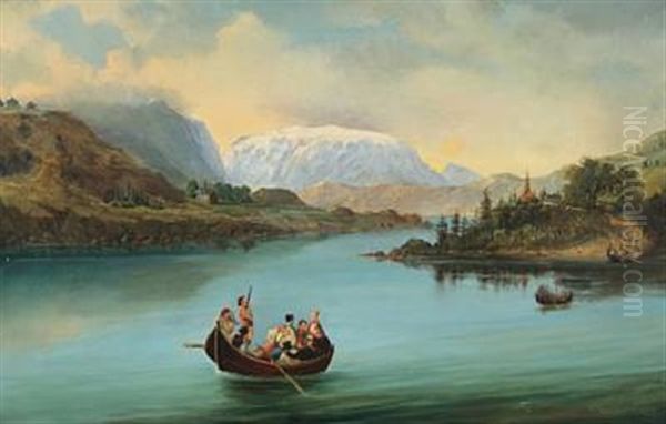 Norwegian Mountainscape With Wedding Party Crossing The River Oil Painting by Carl Anton Saabye