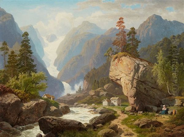 Alpine Landscape With A Glacier Oil Painting by Georg Eduard Otto Saal