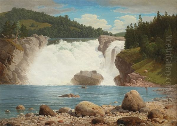 Landskap Med Foss Og Fiskere Oil Painting by Georg Eduard Otto Saal