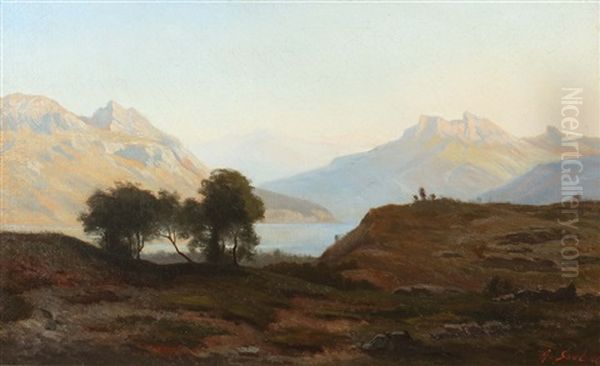 Gebirgslandschaft Mit See Oil Painting by Georg Eduard Otto Saal