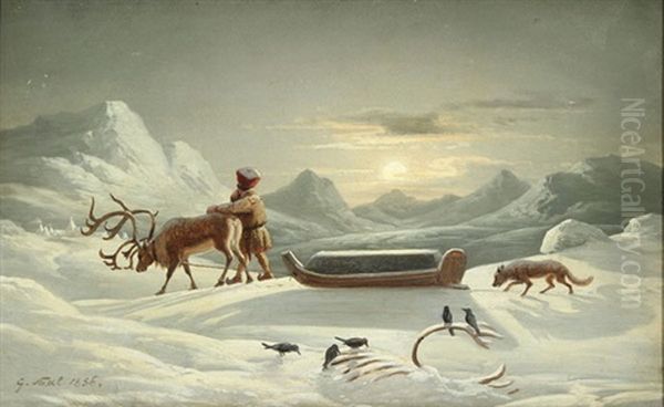 Winter Dusk Scene Of A Laplander With Reindeer Sleigh Pulling Coffin Oil Painting by Georg Eduard Otto Saal