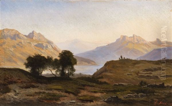 A Mountainous Landscape With A Lake Oil Painting by Georg Eduard Otto Saal