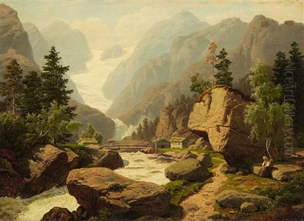 Alpine Landscape With Glacier Oil Painting by Georg Eduard Otto Saal