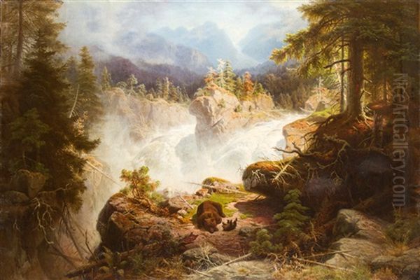 Norwegischer Wasserfall Mit Barenstaffage Oil Painting by Georg Eduard Otto Saal