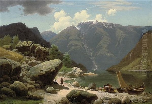 A Conversation By A Norwegian Fjord Oil Painting by Georg Eduard Otto Saal