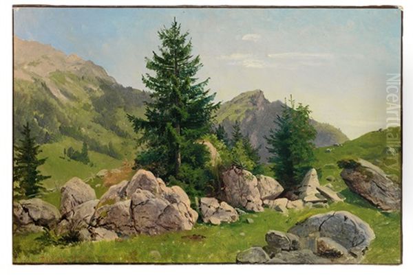 Besonnte Alpenlandschaft Mit Fels Und Baum Oil Painting by Georg Eduard Otto Saal