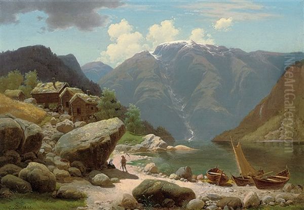 A Conversation By A Norwegian Fjord Oil Painting by Georg Eduard Otto Saal