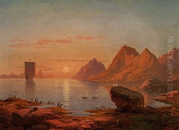 View Of A Scandinavian Coast With A Sailing Ship In The Sunset Oil Painting by Georg Eduard Otto Saal