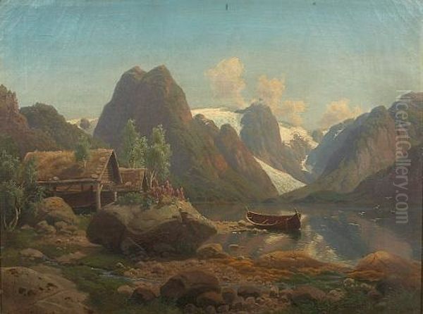 An Alpine Landscape Oil Painting by Georg Eduard Otto Saal