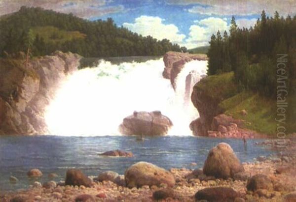 Angler Am Fuse Eines Wasserfalls Oil Painting by Georg Eduard Otto Saal