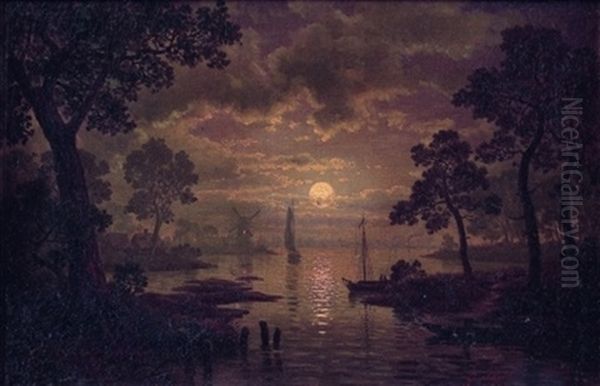 Paysage D'estuaire Au Clair De Lune Oil Painting by Georg Eduard Otto Saal