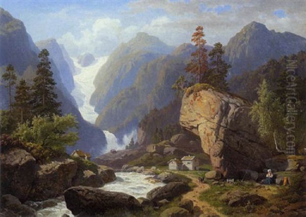 Gebirgstal Mit Einem Gletscher Im Sonnenlicht Oil Painting by Georg Eduard Otto Saal