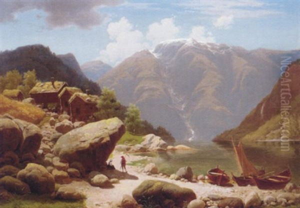 An Austrian Lake Landscape Oil Painting by Georg Eduard Otto Saal