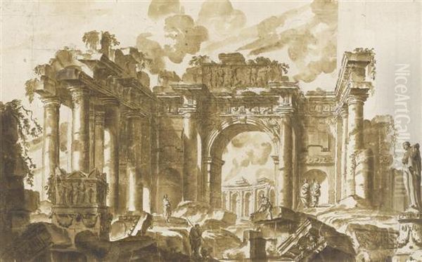 Capriccio With Massive Antique Ruins Oil Painting by Juste Nathan Boucher