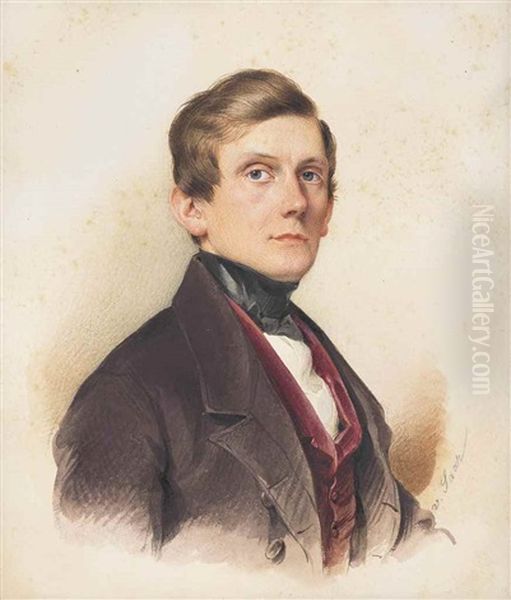 A Young Gentleman, In Brown Coat, Red Waistcoat And Black Stock Oil Painting by Karl Von Saar