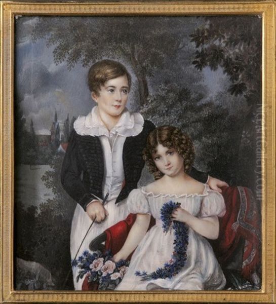 George 2. Duke Of Cambridge Und Seine Schwester Augusta Karoline Vor
Laubaumen Im Hintergrund Eine Kirche Oil Painting by Karl Von Saar