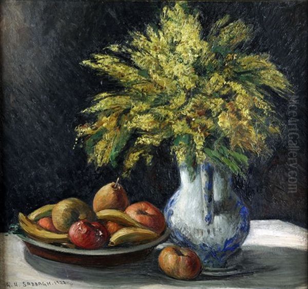 Huile Sur Toile Nature Morte Aux Mimosas Et Fruits by Georges Hanna Sabbagh