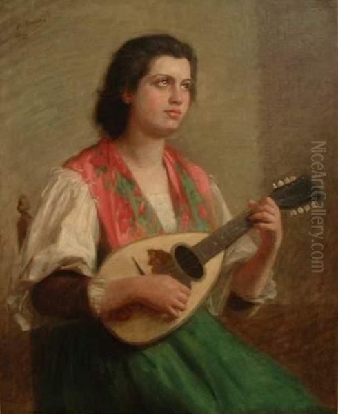 Jeune Fille A La Mandoline Oil Painting by Auguste Bouchet