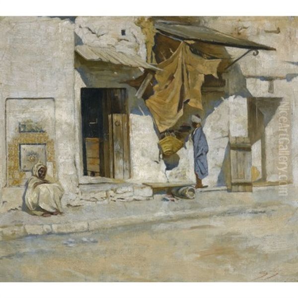 Orientalist Street Scene (north Africa?) Oil Painting by Symeon Sabbides