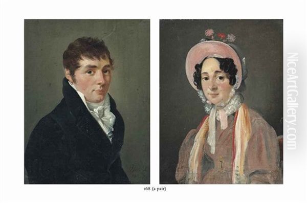 Portrait Of A Man, Half-length, In A Black Coat And Neckcloth And Portrait Of A Woman, Half-length, In A Pink Dress And Bonnet With Flowers (pair) Oil Painting by Francois Jean (Jean Francois) Sablet