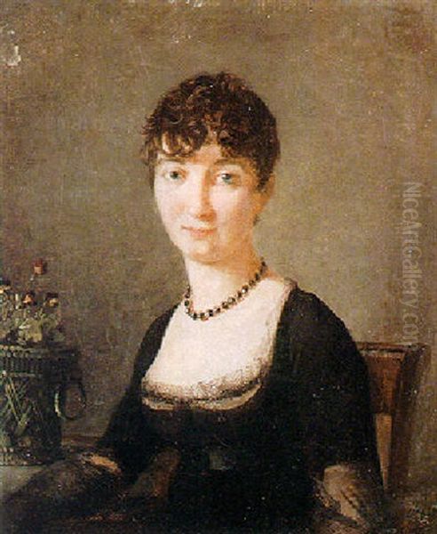 Portrait Of A Woman, Seated Beside A Basket Of Violets, Wearing A Black Dress Oil Painting by Francois Jean (Jean Francois) Sablet