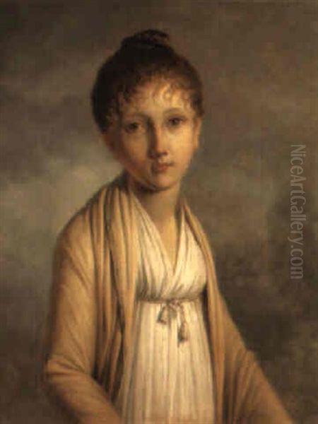 Portrait D'une Jeune Fille Portant Une Robe Blanche Et Un Gilet Beige Oil Painting by Francois Jean (Jean Francois) Sablet