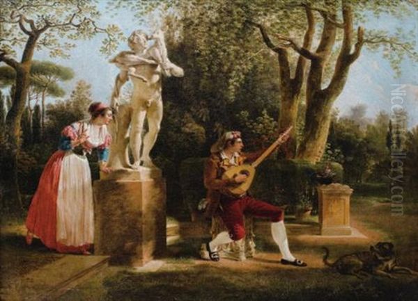 Elegante Ecoutant Un Joueur De Guitare Dans Un Parc A Rome Oil Painting by Jacques Sablet