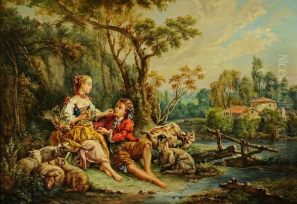 Pastoral Scene With Young Lovers Seated By A Stream Oil Painting by Francis Bouchet